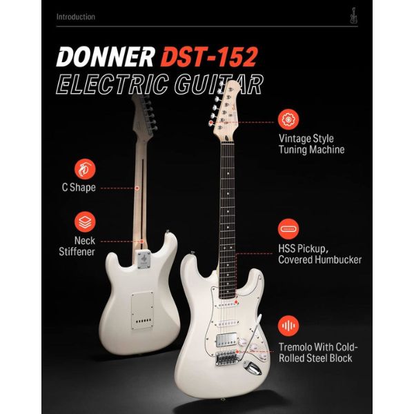 באנדל גיטרה חשמלית לבנה עם מגבר ואביזרים Donner DST-152 2